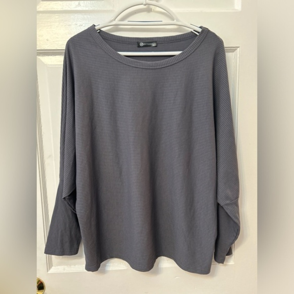 Pretty Garden Women’s Shirt Sz L Dark Blue Gray Ribbed Batwing Dolman Sleeve